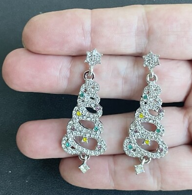 Christmas Tree Cubic Zirconia Dangle Drop Earrings 925 Sterling Silver Ear  Posts