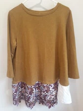 Logo Lounge by Lori Goldstein French Terry Shirt Poplin Ruffle Hem Size L gold