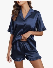 Womens Satin Pajamas Set Button Down 2 Piece Silk Pjs Shorts Small Navy Blue