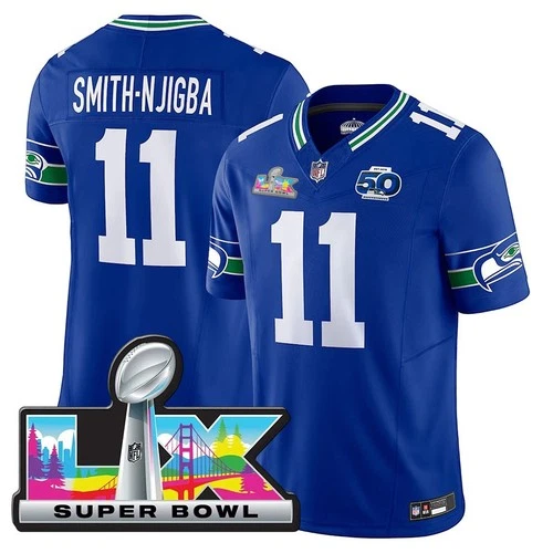 Seahawks Men's #11 Jaxon Smith-Njigba 50th /Super Bowl LX Patch Game Jersey