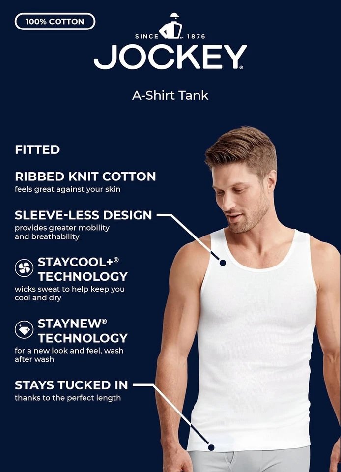 Jockey Men's Undershirt 100% Cotton A-Shirt Tank - 4 Pack Large, Black - Image 4 of 4