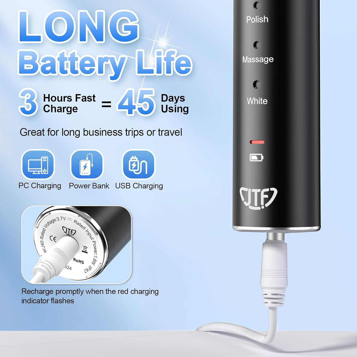 Electric Toothbrush Sonic Toothbrush USB Rechargeable 6 Heads 5 Modes + Scraper