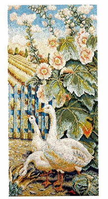 Ehrman HOLLYHOCKS & GÄNSE von KAFFE FASSETT Gobelin Nadelspitze SELTENES TAFELSET