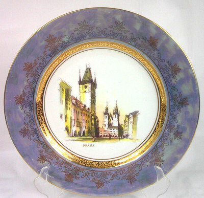 Prague Praha Bohemia Goldleaf Blue Iridescent Czech Plate 10 Inch Keramika