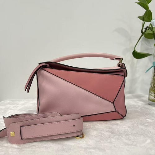 Loewe Puzzle Shoulder Bag Pink Two Tone Calfskin Leather Gold Hardware Auth-