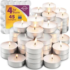 Unscented Tea Light Candles 45 Pack | 4 Hours, White, Smokeless, Dripless Small 