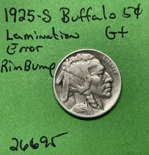 1925-S Buffalo 🦬 Indian Head Nickel 5c Good Obverse Lamination Error  Rim Bump