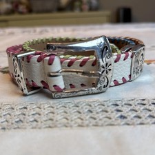 Brighton Women  s Large 34  Textured White Leather Belt w Silver Conchos Pastel