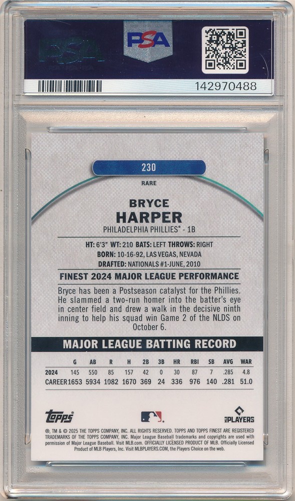 BRYCE HARPER 2025 FINEST #230 PURPLE CHECKERBOARD PHILLIES SP #57/75 PSA 9 MINT view 2