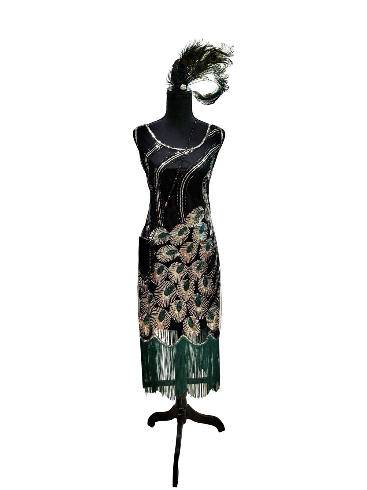 Speakeasy Roaring 20s Black Gold Sequin Beaded Peacock Fringe Dress Goth Extras