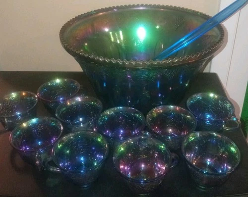 Vtg Indiana Glass Iridescent BlueCarnival Glass Punch Bowl 10cups,ladle,hangers