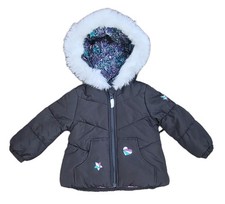 London Fog Coat Toddler Black Print Lined Hood Faux Fur Trim Star Heart Accents