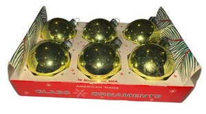 Vintage Coby Chartreuse Gold Large Mercury Glass Ornaments Set 6 W/Box USA
