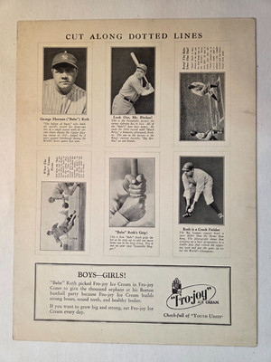 1928 FRO JOY BABE RUTH ICE CREAM SET UNCUT SHEET WITH PREMIUM