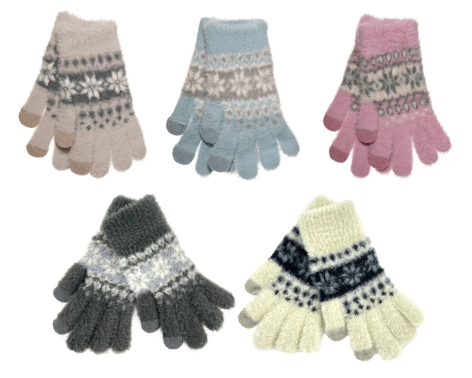 FOXBURY Ladies Fair Isle Fluffy Knitted Gloves Touch Screen Warm Winter Gift One Size