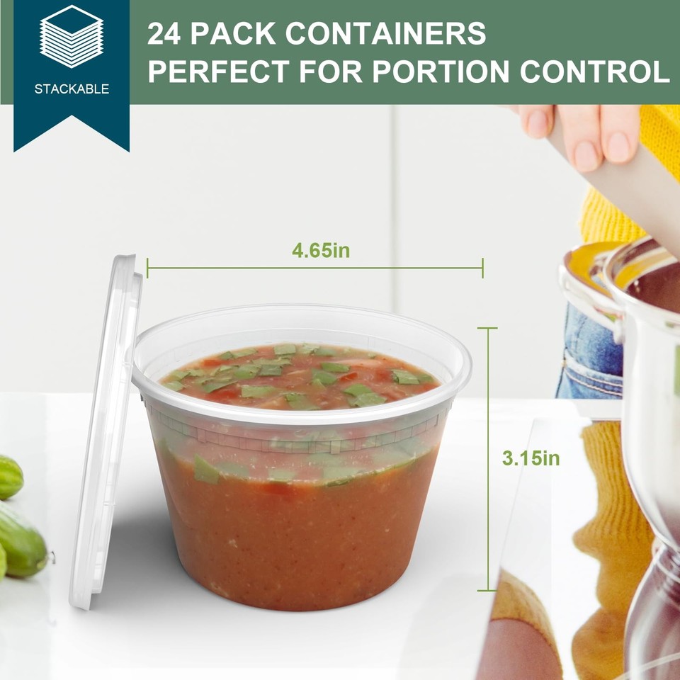 Deli Containers with Lids 16 oz 24 Set - Food Storage Freezer Safe Soup ...