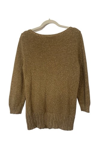 LAUREN RALPH LAUREN Cable Knit Sweater Sz L Gold Metallic 3/4 Sleeve Pullover - Picture 6 of 7