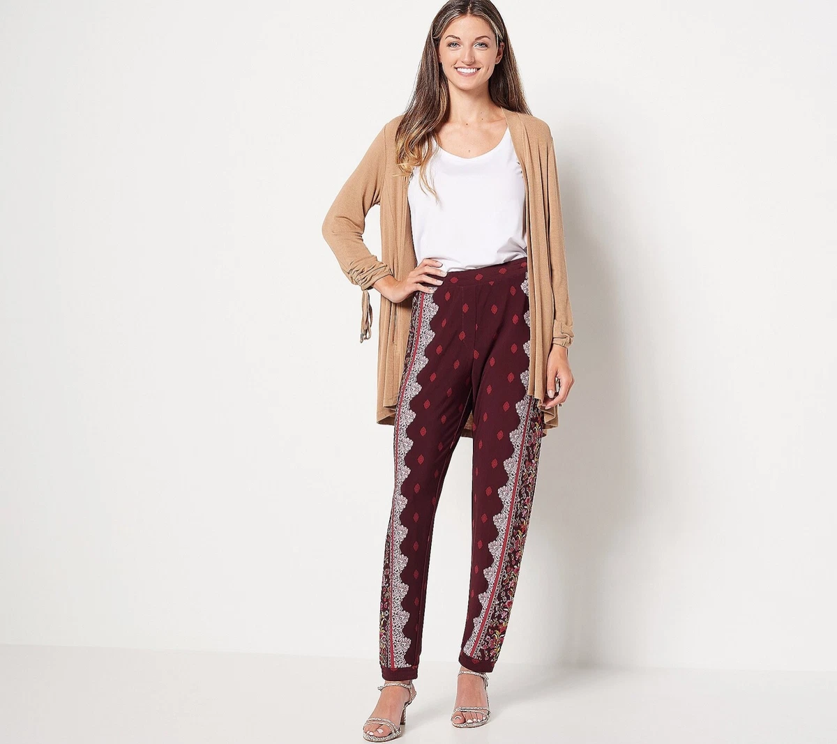 Susan Graver Regular Printed Knit Pull-On Berry Joggers Pants - XXS or XS  *NEW*