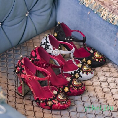 beaded dress shoes Women's T Strap Beaded Dress Evening Shoes Flower High Heels Velvet  Personalized