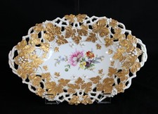 Antique Meissen Reticulated Gold Gilt Leaves Berries Flower Centerpiece Bowl 12"