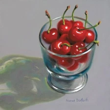 DANFORTH Cherries in Glass Vase, 6x6 realistic original still life oil painting