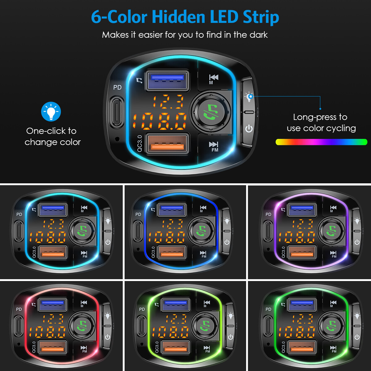 FM Bluetooth Car 3 USB QC/PD3.0 FAST Charger Mp3 Player 6 Color For iphone/apple