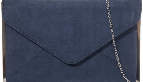 Ladies Faux Suede Navy Clutch Bag Slim Evening Bag Envelope Purse Shoulder Bag - Picture 3 of 3
