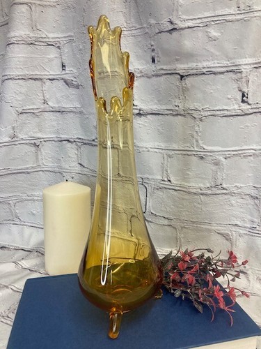 Vintage L.E. Smith Amber 3 Toed 12” Swung Glass Vase--9 fingers--MCM
