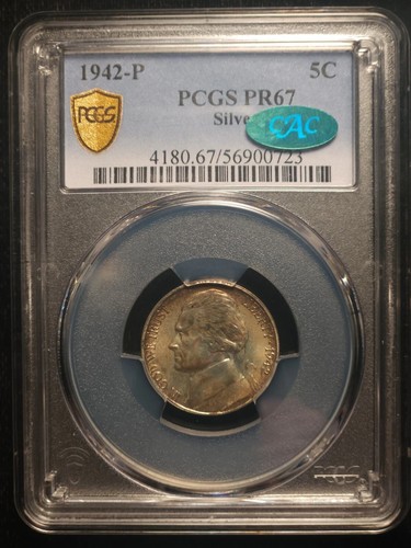 1942-P PCGS PR67 CAC 27,600 Minted! Only SILVER Proof War 5c! Jefferson Nickel 2 - Picture 2 of 7