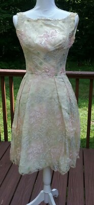 Vintage Ceil Chapman AB Sequin Pearl Lace Designer Wedding Cocktail Party  Dress