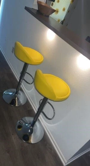 Bar Stools Set of 2 Yellow Leather Back Counter Height Pub Chairs Metal Padded