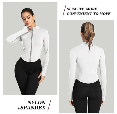 Damen-Sportjacke durchgehender Reißverschluss Langarm dehnbare Passform weiß Größe Large #341