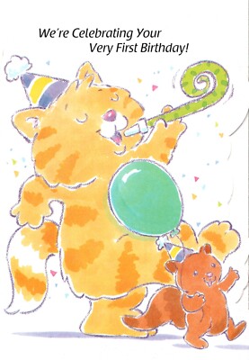 Happy 1st BIrthday Tabby Cat & Squirrel Greeting Card By Freedom Greetings 