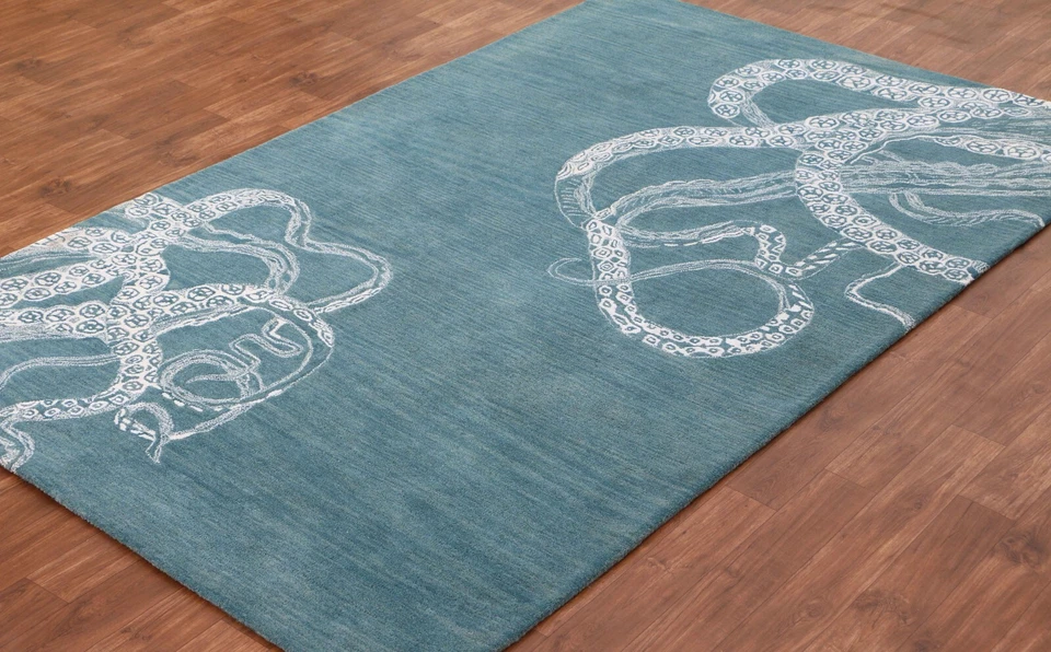 章鱼蓝色塔夫特手工羊毛东方地毯和地毯无关税和关税 — 第 4/4 张图片