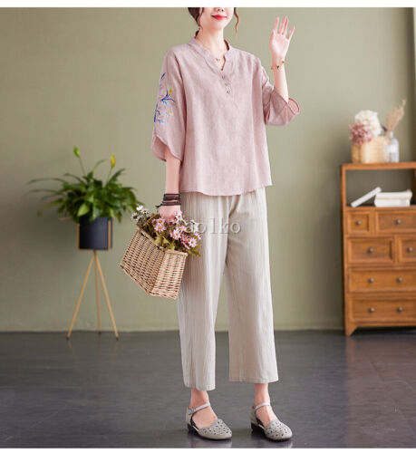 Women 3/4 Sleeve T Shirt Floral Embroidery Cotton Linen Blend Top Loose Fit Thin - Picture 17 of 27