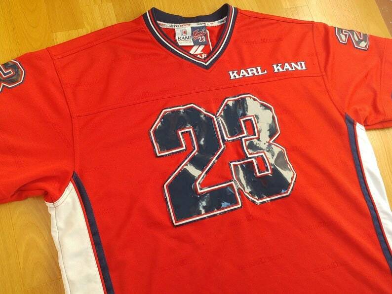 23 Karl kani vintage フットボールシャツ VTG Karl Kani Football Jersey Adult XL Red Dark Blue Sewn