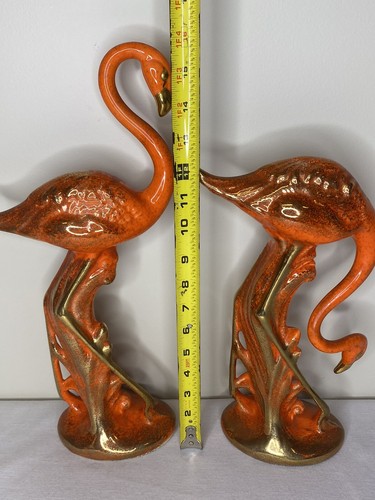 Vintage MCM California Pottery Pair of Red Orange Gold 16" Ceramic Flamingos - Picture 8 of 11