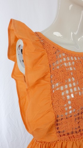 Crochet Orange Top Blouse Crop Ruffle Boho Peasant Sheer Poplin size UK 6 - Picture 11 of 12