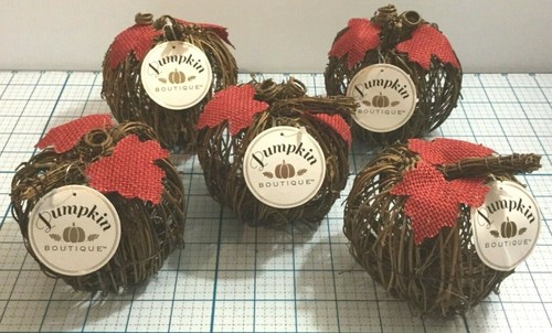 Pumpkin Décor Rattan Pumpkins with Red Leaves Pumpkin Boutique Set of 5