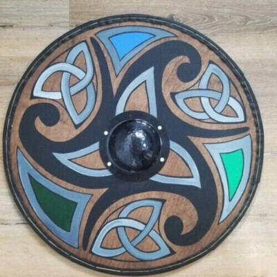 Full Size 24 inch King Harold Fine Hair Viking Shield Solid Round Wooden Antique