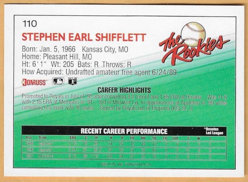 Steve Shifflett Kansas City Royals #110 - Donruss The Rookies casi nuevo-como nuevo 1992 - Imagen 2 de 2