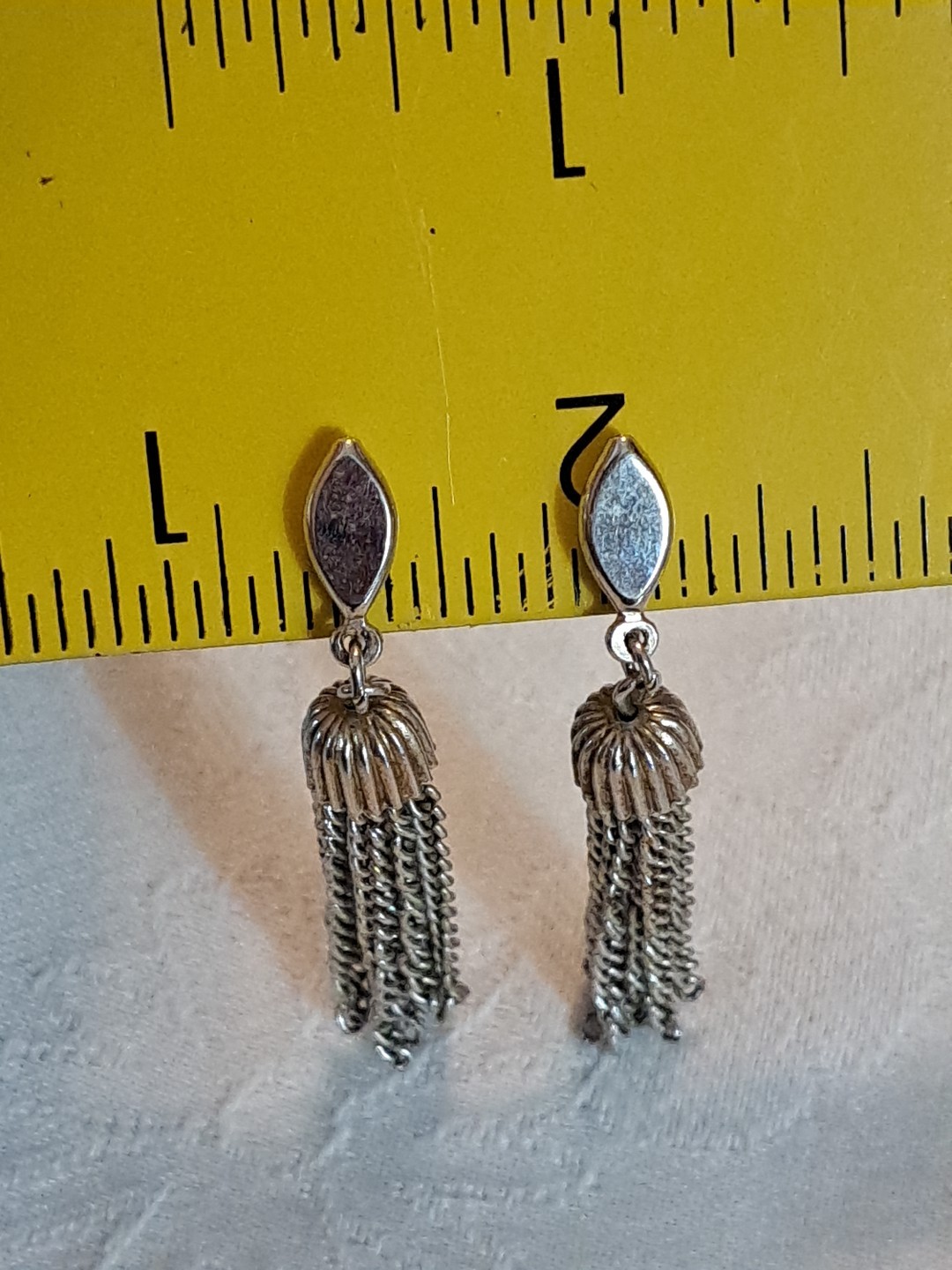 Vintage Crown Trifari Silver Tone Chain Tassel Dangle Drop Clip-on Earrings