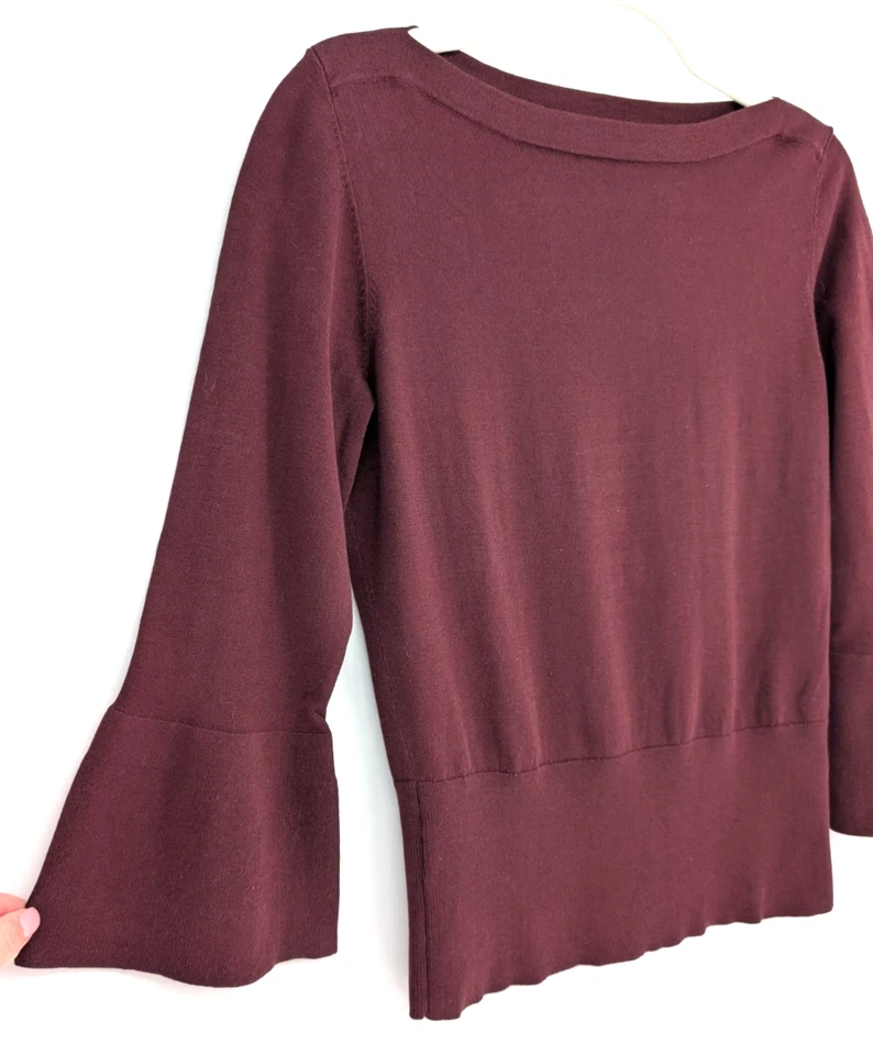 Top Ann Taylor Borgoña Manga Campana Cuello Barco Pequeño Mezcla Seda Capricho Boho Foto 3 de 4