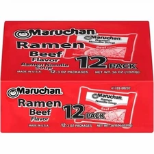 (48 pack) Maruchan Ramen Noodle Beef Flavor Soup, 3 oz, 12 Count Shelf Stable 