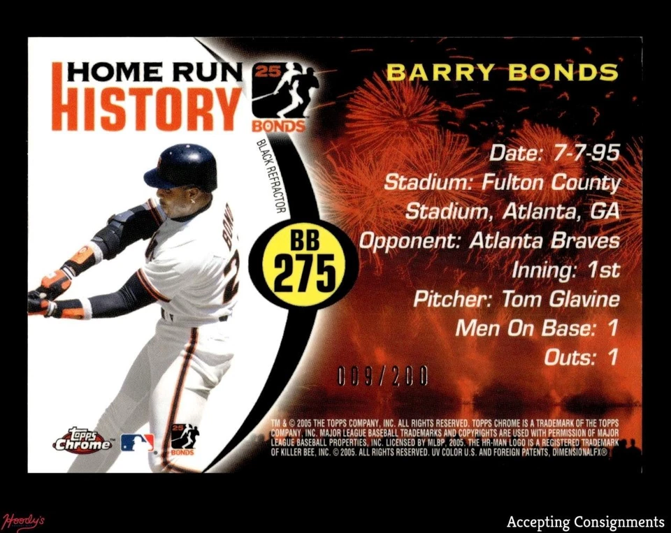2006 Topps Chrome Home Run History Black Refractor #BBC275 Barry Bonds 009/200 - Image 2 of 2