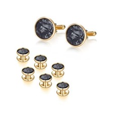 Mens Mother of Pearl Cufflinks and Studs Tuxedo Bottons Set Gold Black