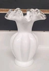 Vintage Fenton Silver Crest White Milk Glass Ruffled Edge Melon Vase 6"