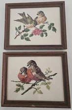 Vintage Framed Handmade Needlepoint Bird  Wall Art Decor Embroidery Set of 2