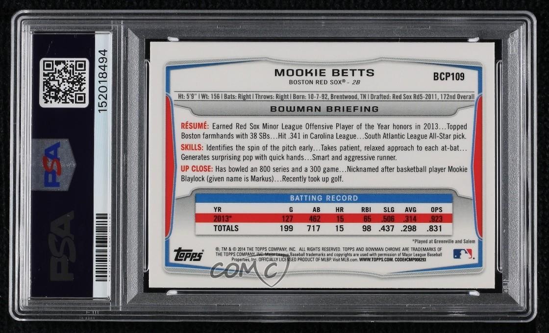 2014 Bowman Prospects Chrome Mookie Betts #BCP109 PSA 10 GEM MT Rookie RC view 2