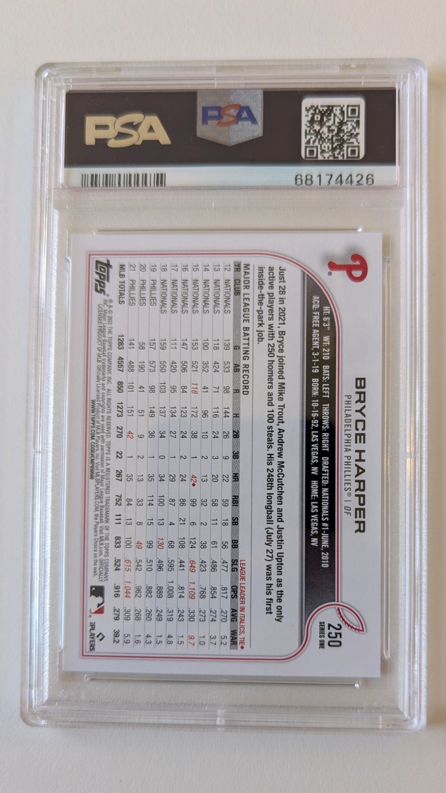 2022 Topps Bryce Harper Phillies #250 PSA 9 Mint SP Image Variation Running view 2